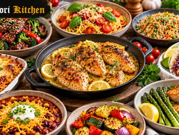 A colorful spread of easy dinner recipes, including creamy chicken, pasta, beef and broccoli, tacos, chili, and roasted salmon.