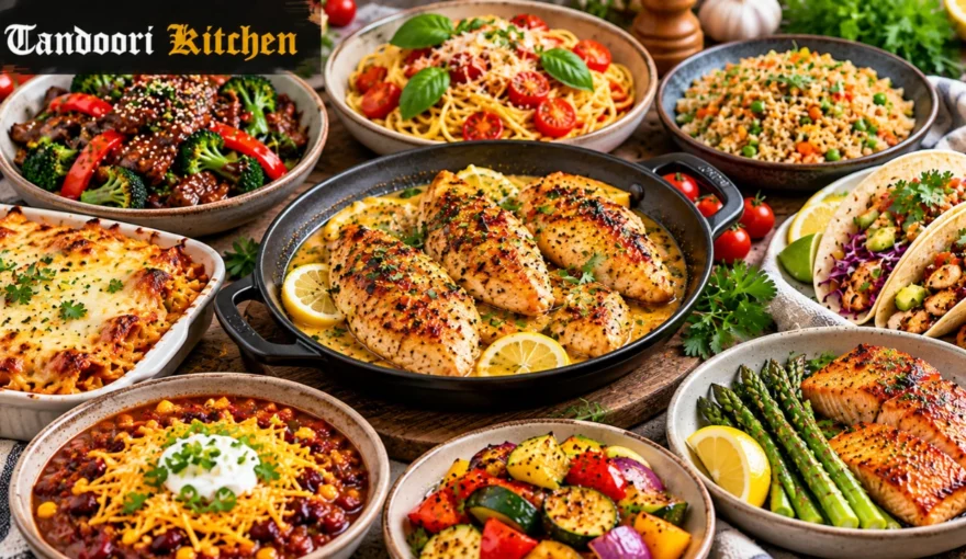 A colorful spread of easy dinner recipes, including creamy chicken, pasta, beef and broccoli, tacos, chili, and roasted salmon.