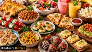 Assorted easy homemade snacks including makhana, corn chaat and energy balls