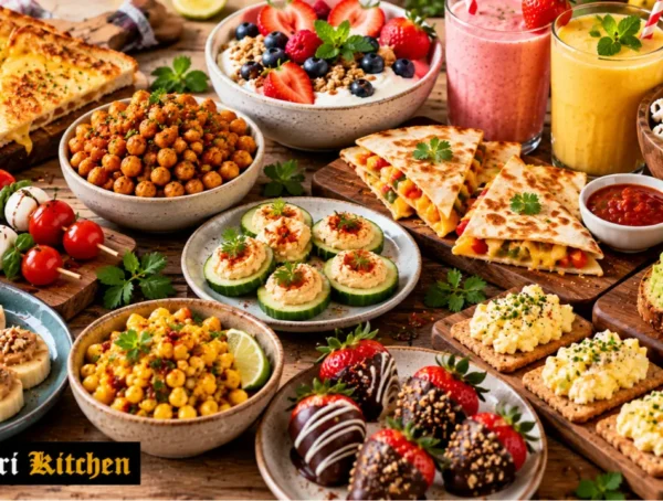 Assorted easy homemade snacks including makhana, corn chaat and energy balls