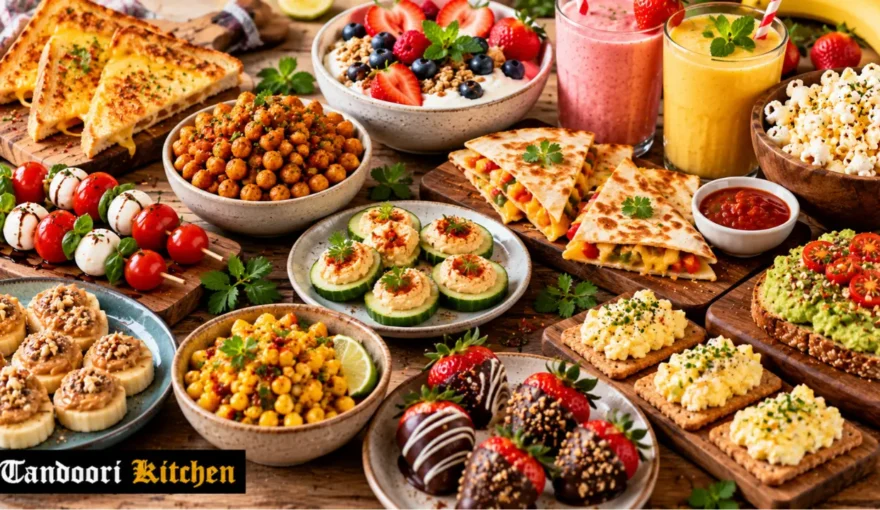Assorted easy homemade snacks including makhana, corn chaat and energy balls