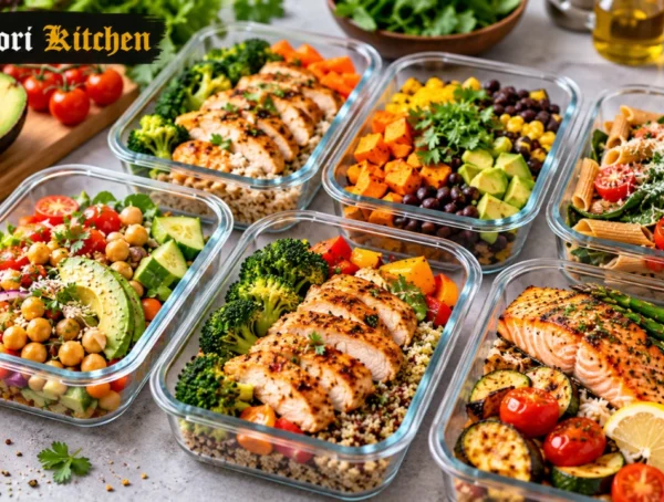 Colorful healthy meal prep containers with grilled chicken, salmon, fresh vegetables, pasta, and chickpea salad