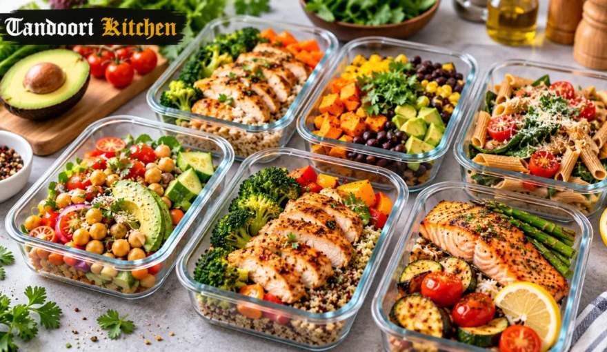 Colorful healthy meal prep containers with grilled chicken, salmon, fresh vegetables, pasta, and chickpea salad