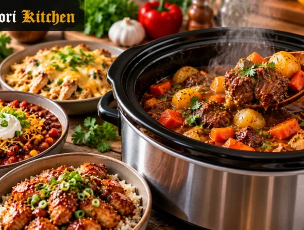 Easy slow cooker recipes featuring tender beef stew, chicken, chili, and hearty family meals.