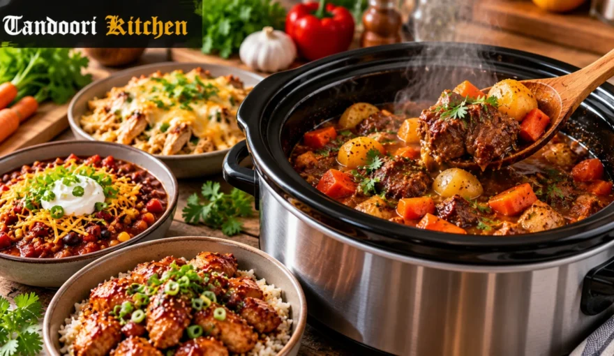 Easy slow cooker recipes featuring tender beef stew, chicken, chili, and hearty family meals.