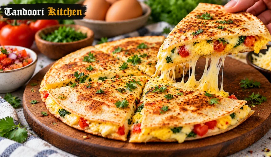 Golden egg tortilla filled with melted cheese, eggs, tomatoes, and fresh herbs, served for breakfast.