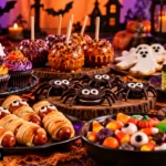 Halloween treats including banana ghosts, Oreo spiders and strawberry ghosts on a party table