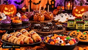 Halloween treats including banana ghosts, Oreo spiders and strawberry ghosts on a party table