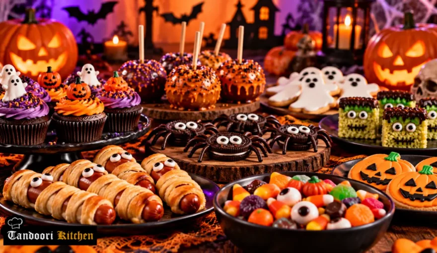 Halloween treats including banana ghosts, Oreo spiders and strawberry ghosts on a party table