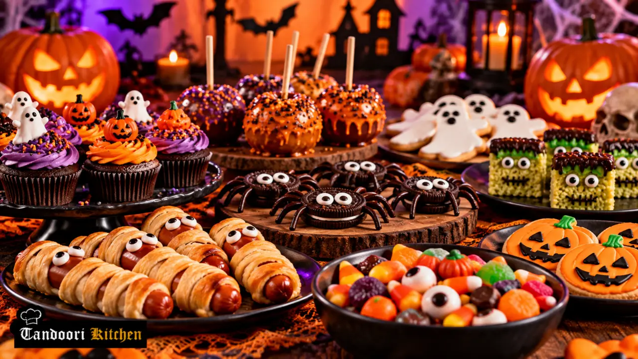 Halloween treats including banana ghosts, Oreo spiders and strawberry ghosts on a party table