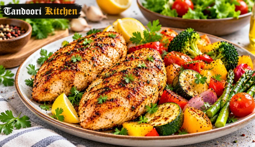 Juicy grilled chicken breasts seasoned with herbs and served with colorful vegetables and lemon wedges.