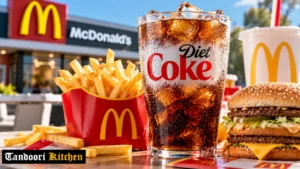 McDonald cup of Diet Coke next to a Big Mac and fries