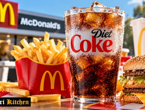McDonald cup of Diet Coke next to a Big Mac and fries