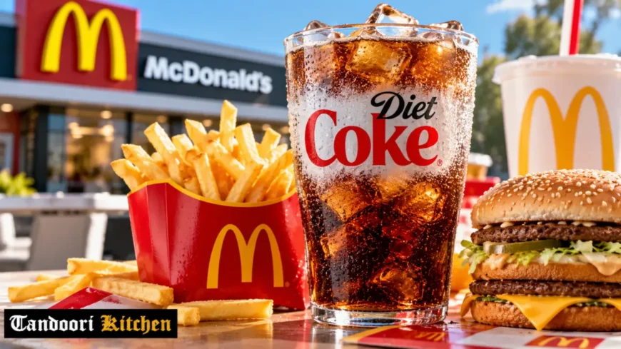 McDonald cup of Diet Coke next to a Big Mac and fries