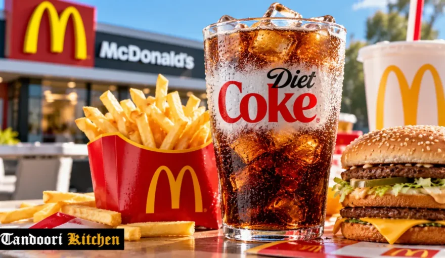 McDonald cup of Diet Coke next to a Big Mac and fries