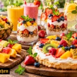 Strawberry and passionfruit pavlova with fresh spring fruit on a table