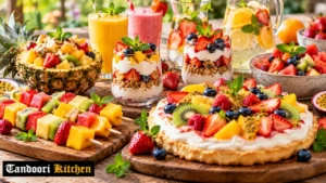 Strawberry and passionfruit pavlova with fresh spring fruit on a table