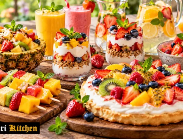 Strawberry and passionfruit pavlova with fresh spring fruit on a table