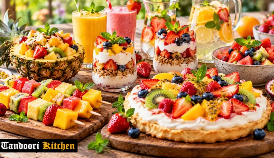 Strawberry and passionfruit pavlova with fresh spring fruit on a table